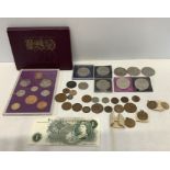 Various coins to include coinage of Great Britain 1970, two £5.00 coins, Crowns, One Pound Note, Sir