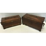 Two 19thC rosewood tea caddies one with mother of pearl ring drop handles, the other lacking one