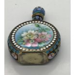 Enamelled scent bottle, roses depicted both sides with cloisonné decoration. 6cms h in good