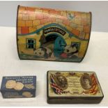 Three vintage tins including a 1930's London Zoo Panda Cottage 'Ming the Panda' biscuit tin with