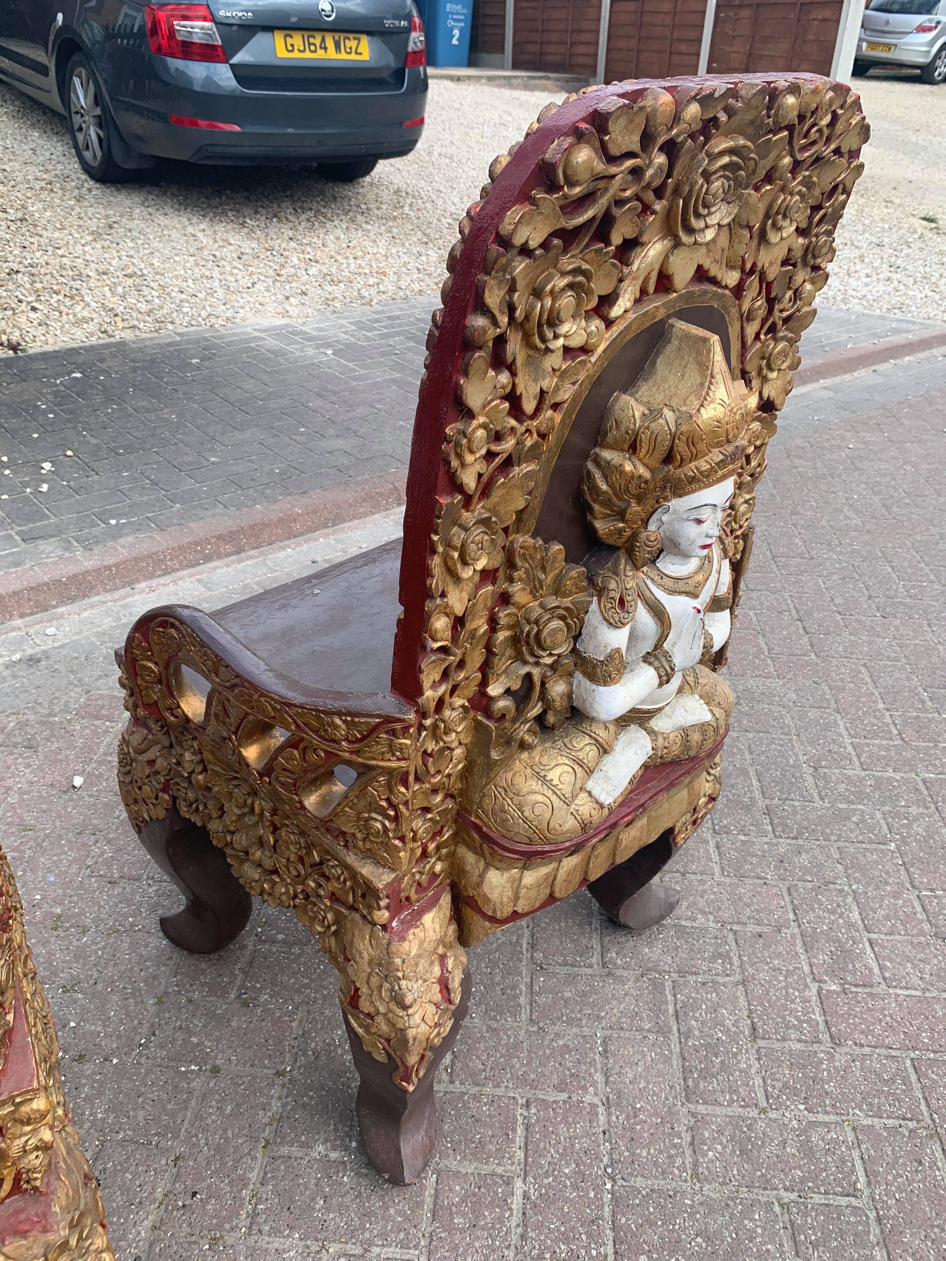 A pair of early 20thC Tibetan ceremonial chairs with gilt decoration to top. - Image 5 of 13