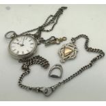 A silver pocket watch, London 1886 on chain with winding key, maker F.Larard 45 Savile St. Hull