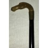 A 19thC mahogany walking cane with a horn horses head handle. 84cms l.