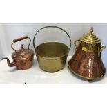 A 19thC copper kettle. 28cms h, a brass jam pan and a copper and brass lidded bowl.