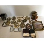 Miscellany to include girl guide whistle, horse brasses, miniature copper and brass milk churn,