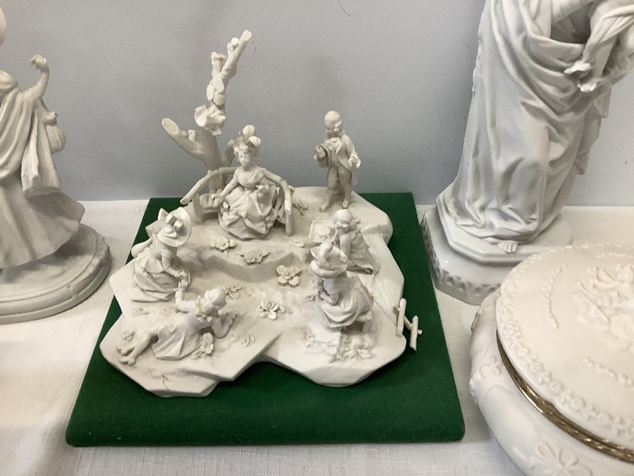 Ceramics to include The Three Graces, Mary and Child, lidded powder pot, garden scene.Condition - Image 5 of 5