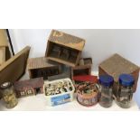 Vintage farm buildings and plastic and wooden animals etc.