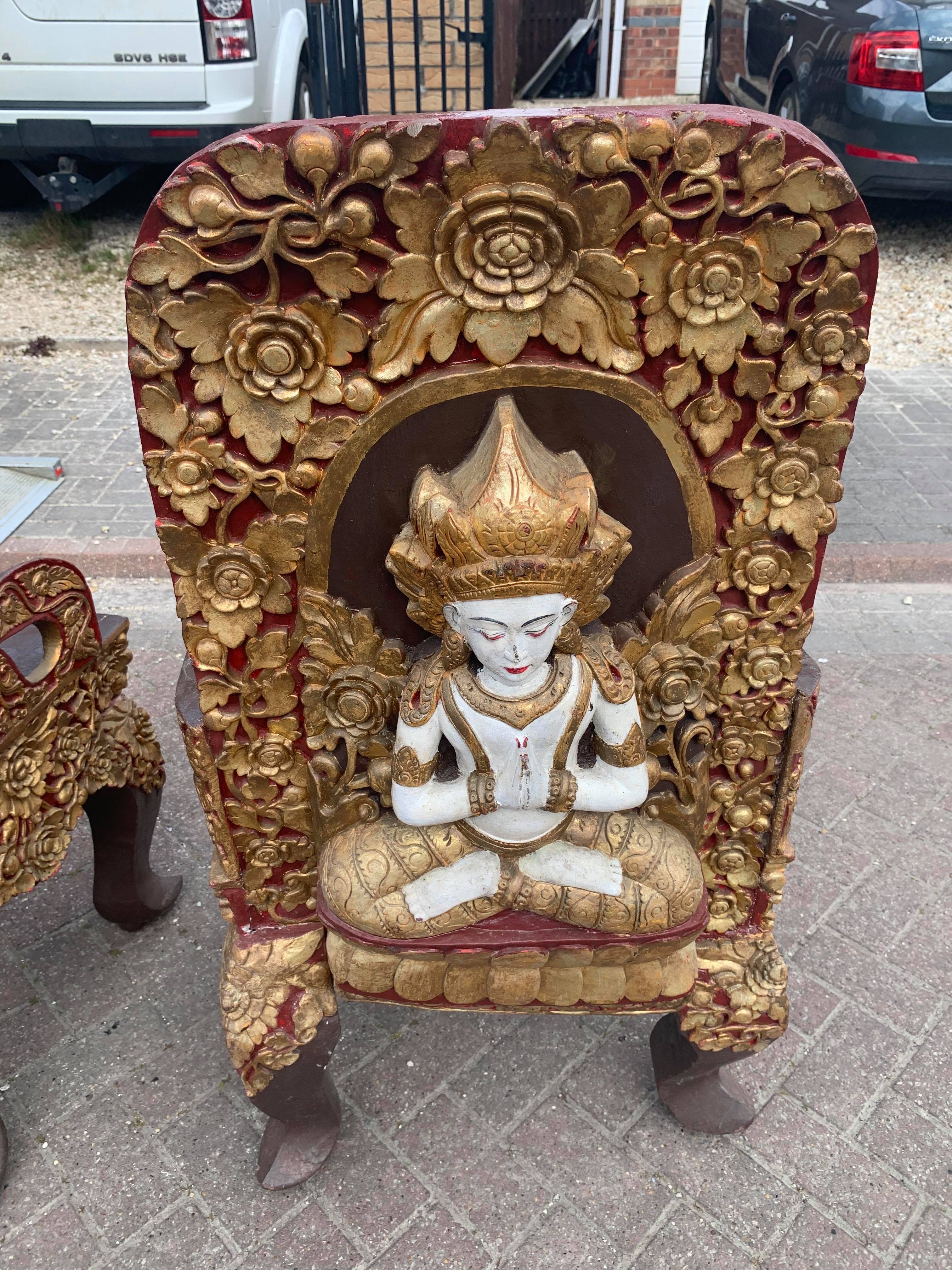 A pair of early 20thC Tibetan ceremonial chairs with gilt decoration to top. - Image 13 of 13