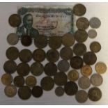 World coinage, Kenya, 5 and 10 cents, 50 cents, one Shilling and a ten shilling note.