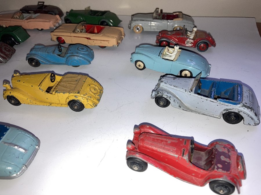 A large collection of playworn Dinky convertible cars to include Jaguar, Armstrong Siddelet, Sunbeam - Image 11 of 17