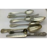 Silver spoons, fork and knife, a variety of dates and makers. 337.20gms. (8)