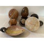 Onyx eggs and balls, largest oval egg 17cms l, with a bird dish decorated with fish, all good