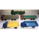 Five Dinky playworn toys to include three flatbed trailers, Foden x 3, Leyland Comet x 2.