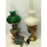 Miscellany to include two brass lamps, plated teapot, shot glasses in hide case, penny box etc.