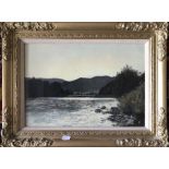 An oil on board river scene, signed indistinctly L.L, 34 x 39cms in gilt frame.
