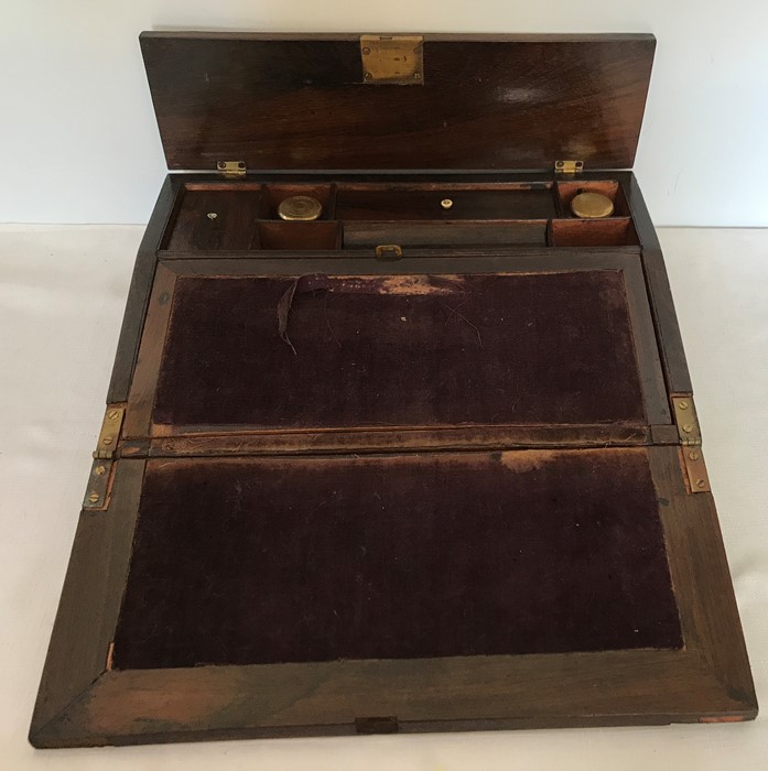 A 19thC rosewood lap desk, mother of pearl inlay opening to reveal velvet covered writing slope, - Image 2 of 2