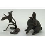 Limited edition bronze hare, 185/250, 5cms h with metal kingfisher.