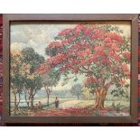 Oil on board, 'The Flamboyant tree' by Bertha Jansz, 34 x 44cms. Inscribed on reverse.