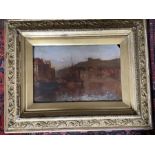 Oil on board 'Whitby Harbour Evening' by J Moore, signed lower right J M. 28 x 43cms.
