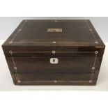 A 19thC rosewood sewing box and contents with mother of pearl inlay and writing slope to base. 17.