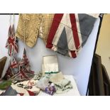 Vintage textiles etc to include Union Jack bunting, Union Jack fabric gentleman's hunting waistcoat,