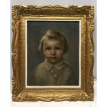 Gilt framed oil painting on board, portrait of a young child, signed indistinctly top left corner.