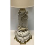 Unmarked continental Parian ware lamp with classical female figures on a brass base, lamp 34cms h.