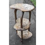 Floral carved wooden 3 tier tripod side table. 87cms h.