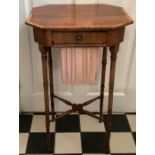 A 19thC ladies sewing table with cross banding to top with drawer and pull out workbox recovered. 42