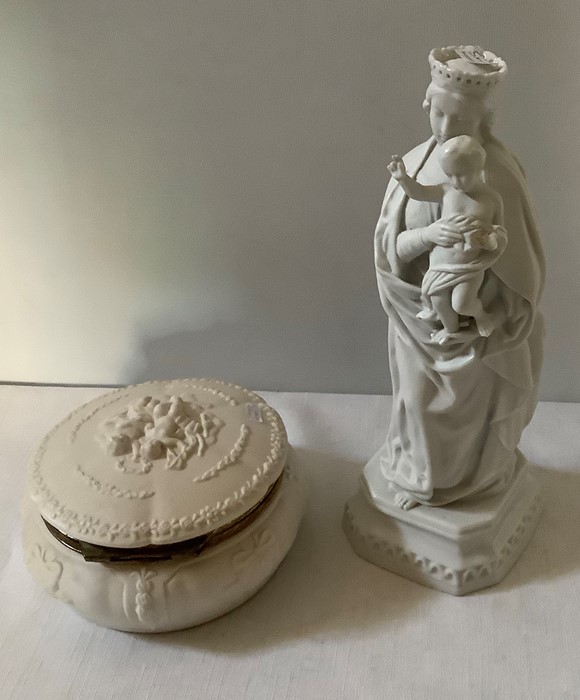 Ceramics to include The Three Graces, Mary and Child, lidded powder pot, garden scene.Condition - Image 2 of 5