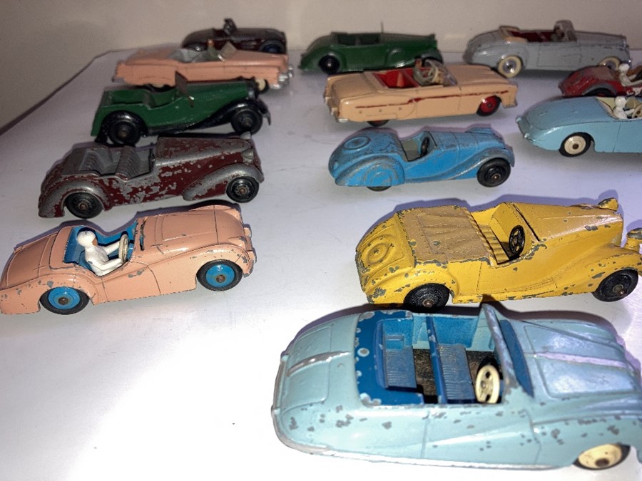 A large collection of playworn Dinky convertible cars to include Jaguar, Armstrong Siddelet, Sunbeam - Image 2 of 17