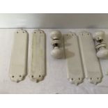 Unused vintage white pottery door furniture to include 4 finger plates, 2 door knobs and 4 keyhole