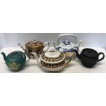 Five various teapots including Royal Crown Derby a/f, Royal Worcester double spouted, chip to spout,