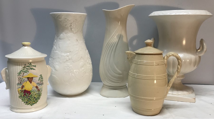 Selection of white pottery inc Sylvac tea caddy, Wedgwood and Belleek vases, Shorter urn vase and