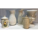 Selection of white pottery inc Sylvac tea caddy, Wedgwood and Belleek vases, Shorter urn vase and