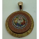 A good quality 19thC unmarked yellow metal pendant with goldstone and micro mosaic inset, originally