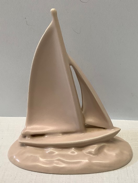 A Poole pottery pastel pink sailing yacht, 15.5cms h after a design by John Adams, made to wall - Image 2 of 6