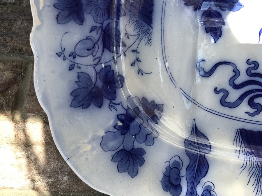 Three large meat platters,the blue and white having slight crack. Largest 43 x 53cms. - Image 3 of 3