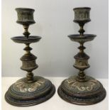 A pair of Doulton Lambeth brass candlesticks by Frank A Butler impressed marks '535' 'FAB' and