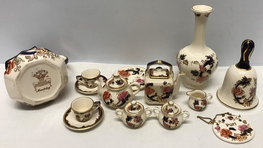 Various Masons Ironstone, Mandalay pattern pieces to include miniature tea service, vase, bell, - Image 2 of 2