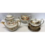 Four various late 18th/ early 19thC teapots, one with stand to include Chamberlain, repaired