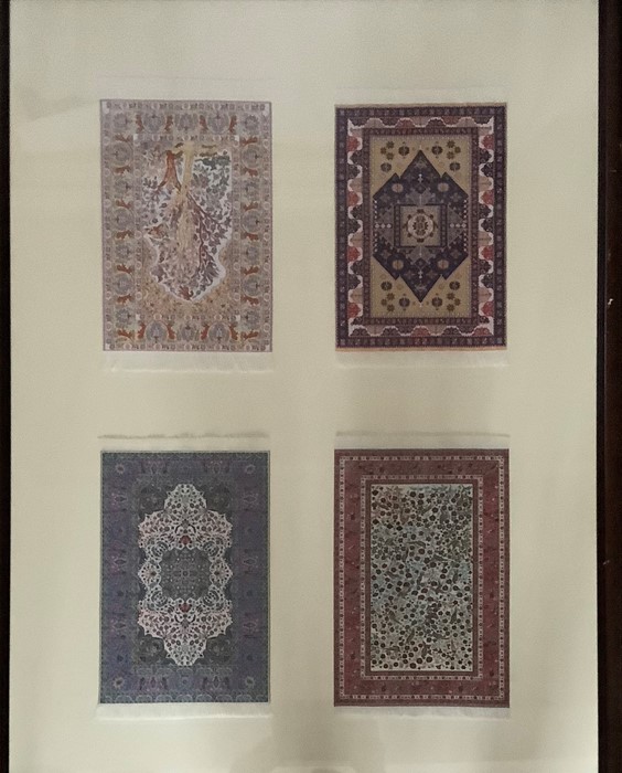 Various miniature Turkish woven rugs set in frames, 7 frames contains rugs of varying sizes. Largest - Image 2 of 7