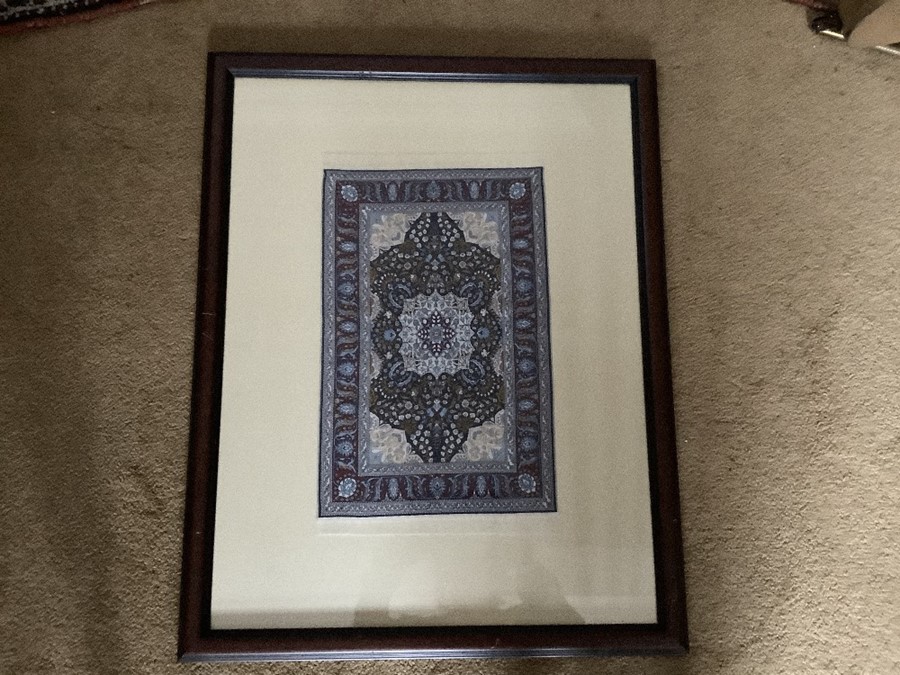 Various miniature Turkish woven rugs set in frames, 7 frames contains rugs of varying sizes. Largest - Image 7 of 7