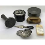 Miscellany to include an ebony and silver stud box, horn snuff box, mother of pearl carved snuff