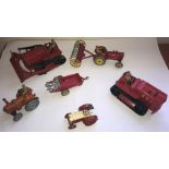 Six Dinky playworn farm machinery toys to include Heavy Tractor, small Tractor, Massey Harris Manure
