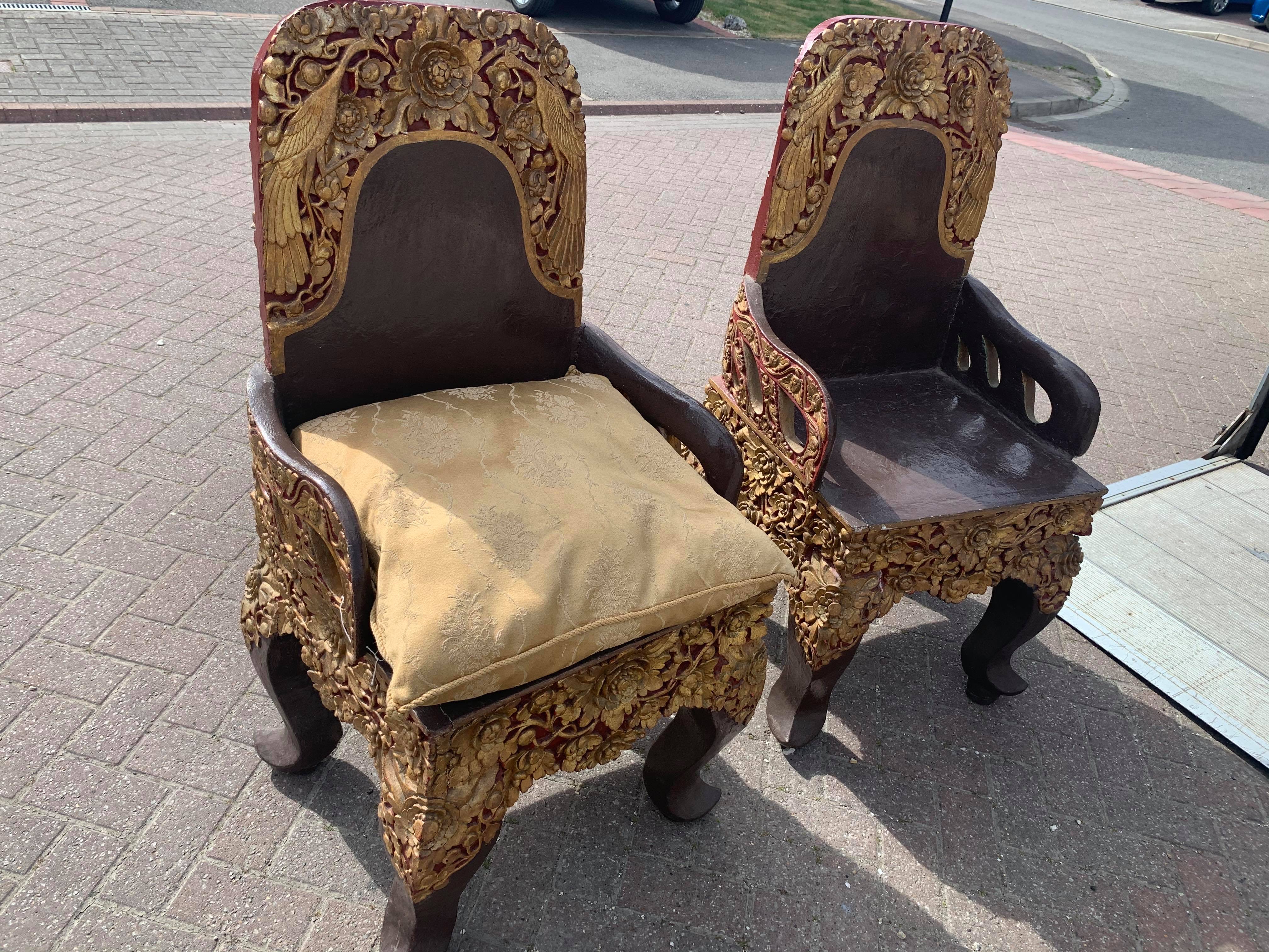 A pair of early 20thC Tibetan ceremonial chairs with gilt decoration to top. - Image 9 of 13