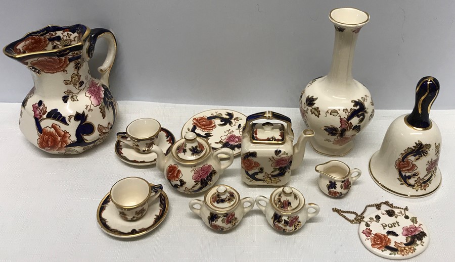 Various Masons Ironstone, Mandalay pattern pieces to include miniature tea service, vase, bell,