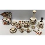 Various Masons Ironstone, Mandalay pattern pieces to include miniature tea service, vase, bell,