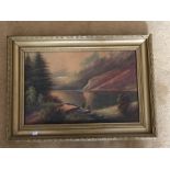 Framed watercolour of mountain lake scene, indistinctly signed Milton. 29 x 45.5cms