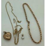 A 9ct gold chain a/f with a diamond drop, a 9ct gold chain bracelet and a heart locket, marked